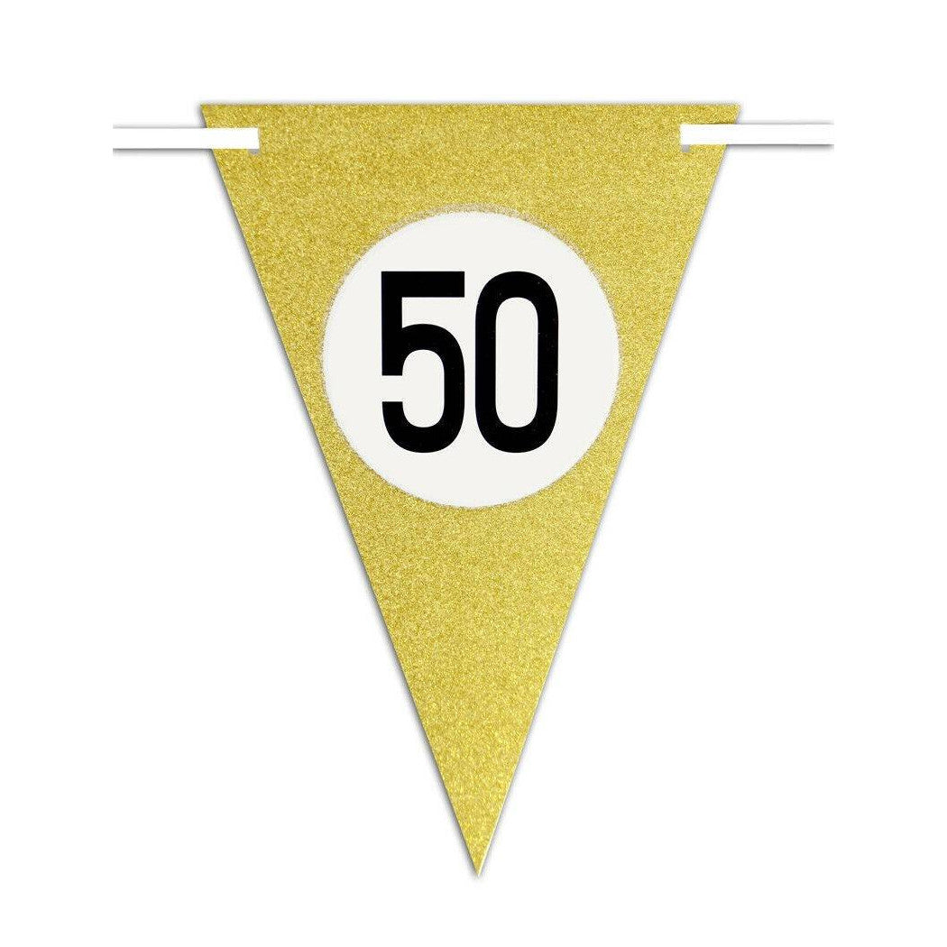 Banderas Fiesta de cumpleaños Aniversarios Set 10pz Festoon Triangular Gold 50 años