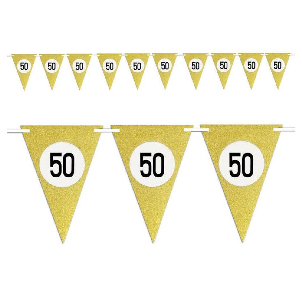 Banderas Fiesta de cumpleaños Aniversarios Set 10pz Festoon Triangular Gold 50 años