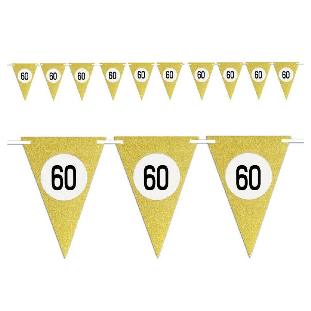 Banderas Fiesta de cumpleaños Aniversarios Set 10pz Festoon Triangular Gold 60 años