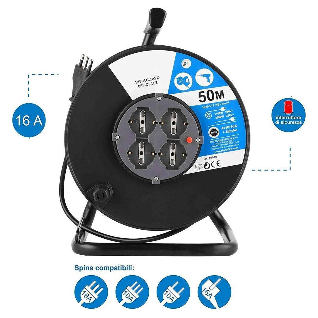 Cable de extensión eléctrica 50 MT Húmedo y 4 Sockets Schuko Spine multiuso 16A