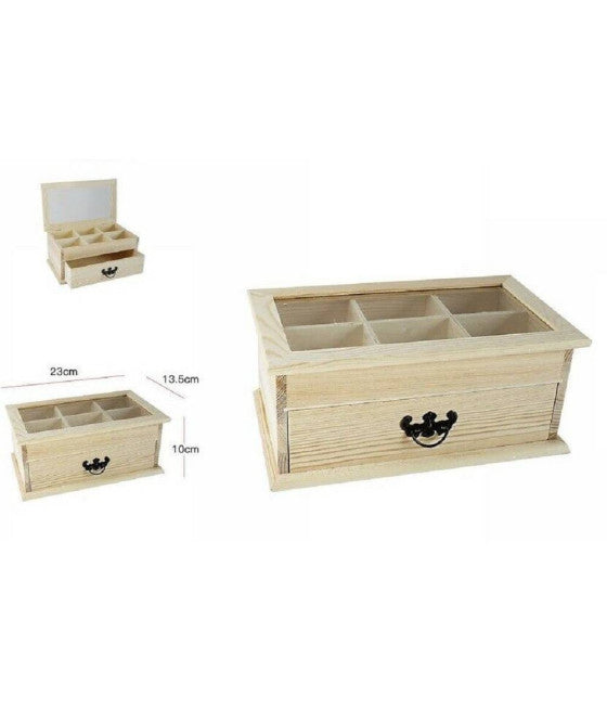 Caja de joyería de madera con panel de anuncios de escaparate de 6 asientos y cajón decoupage