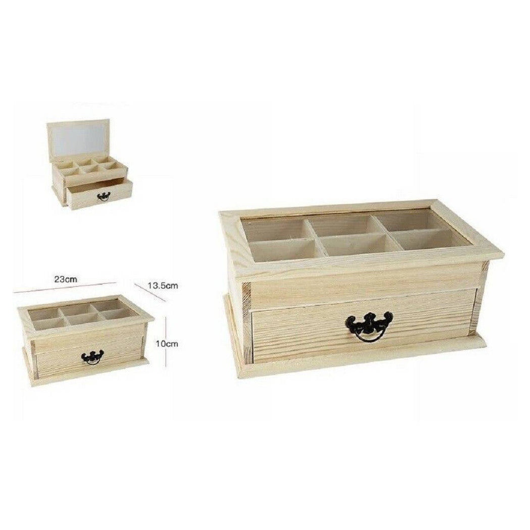 Caja de joyería de madera con panel de anuncios de escaparate de 6 asientos y cajón decoupage