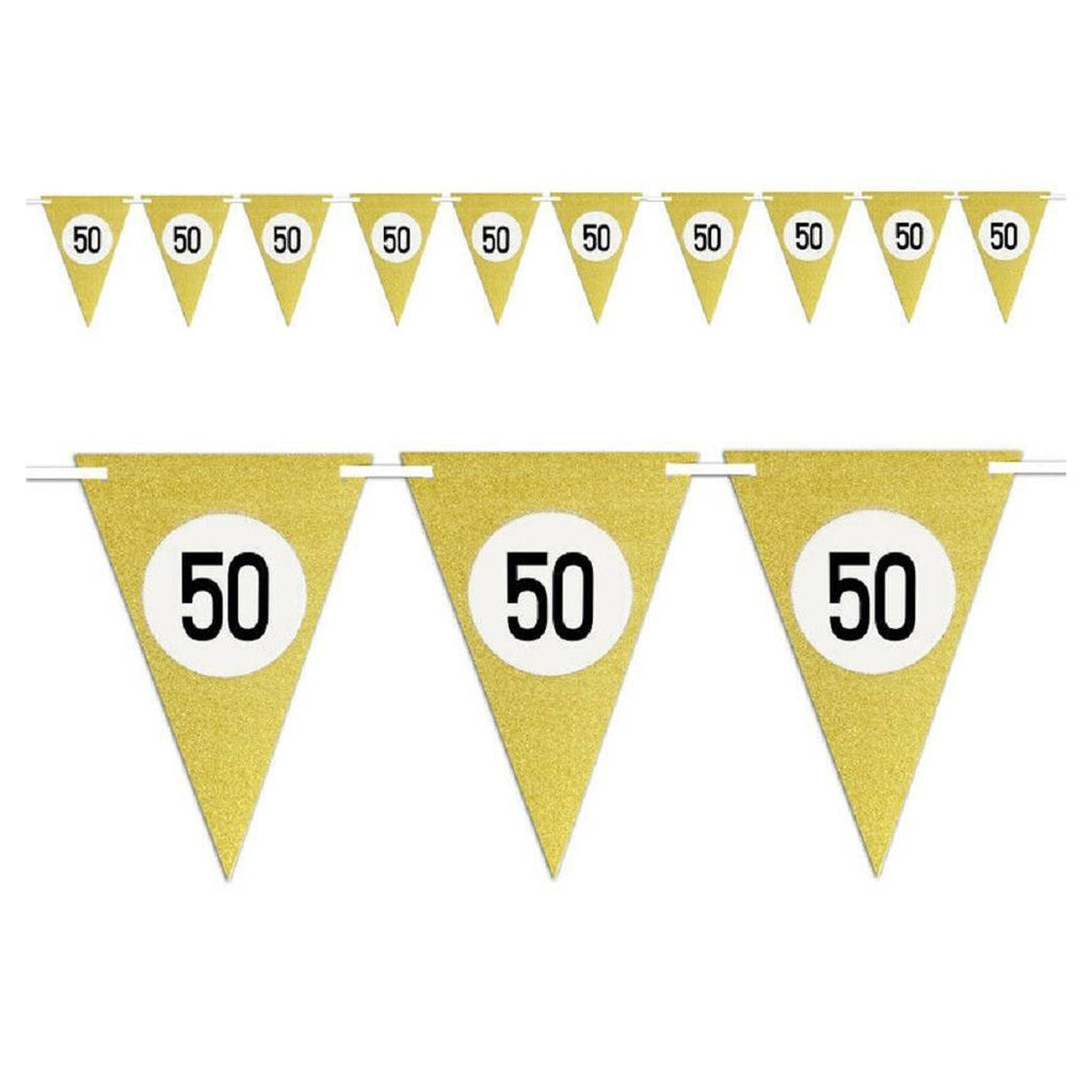 Banderas Fiesta de cumpleaños Aniversarios Set 10pz Festoon Triangular Gold 50 años