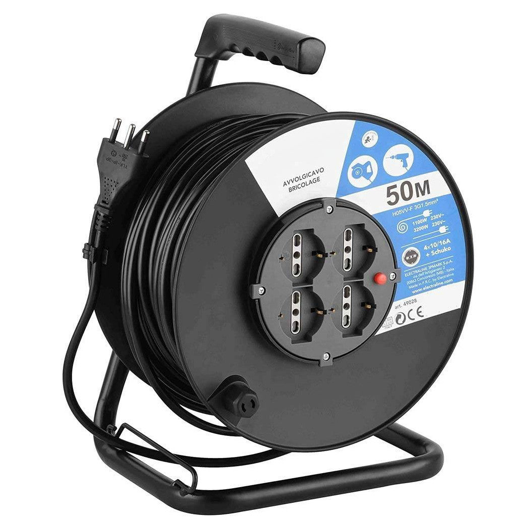 Cable de extensión eléctrica 50 MT Húmedo y 4 Sockets Schuko Spine multiuso 16A