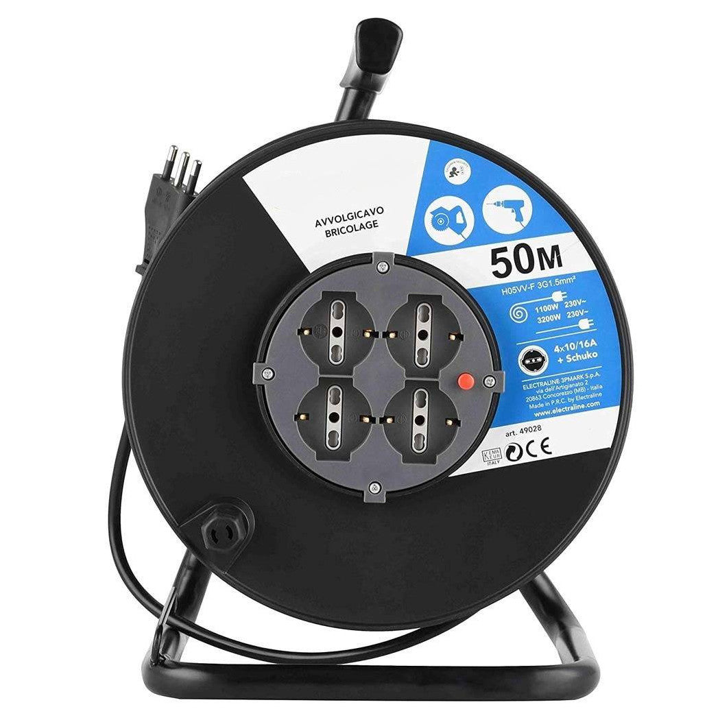 Cable de extensión eléctrica 50 MT Húmedo y 4 Sockets Schuko Spine multiuso 16A