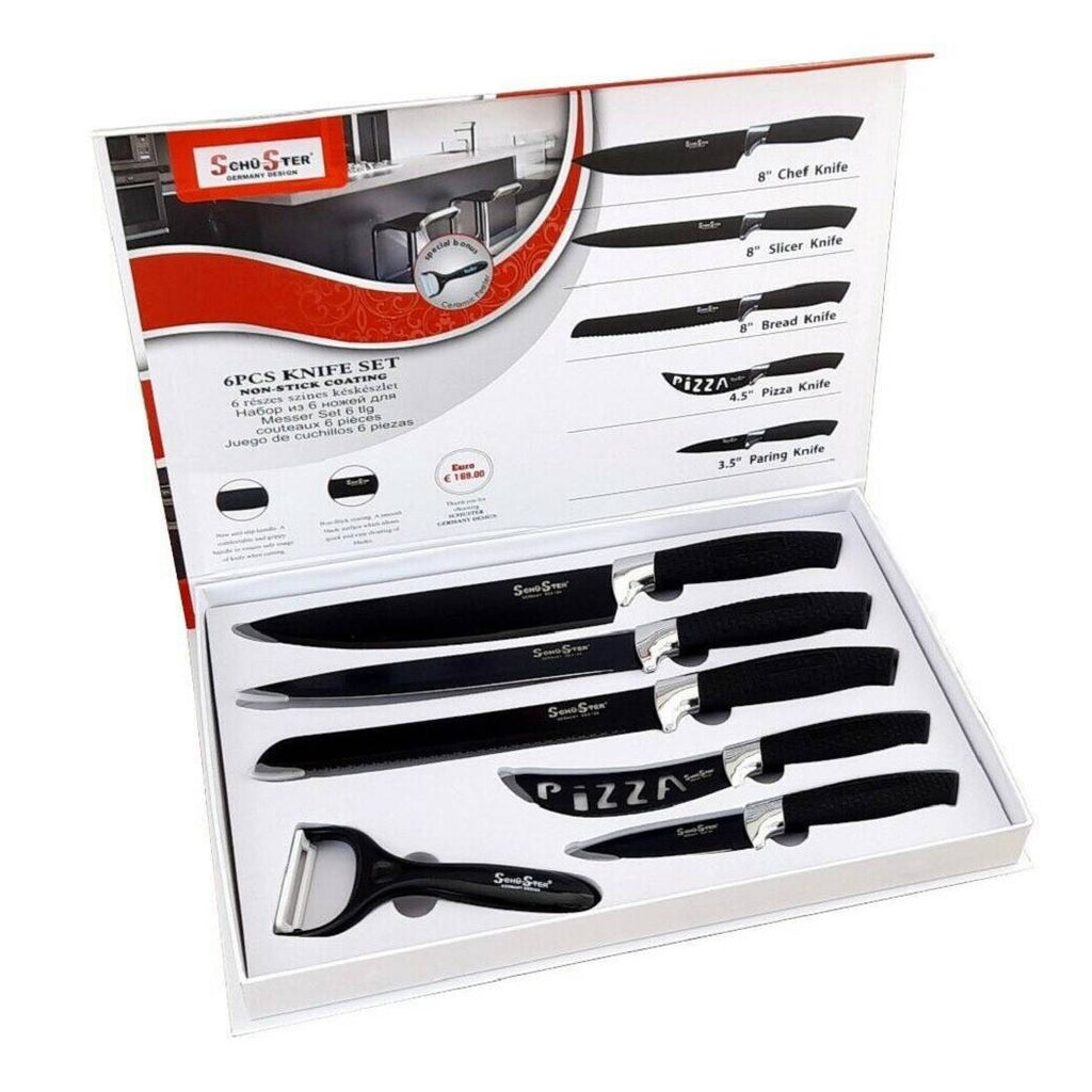 Conjunto de 5 cuchillos de acero en asa antideslizante de acero + pelador negro