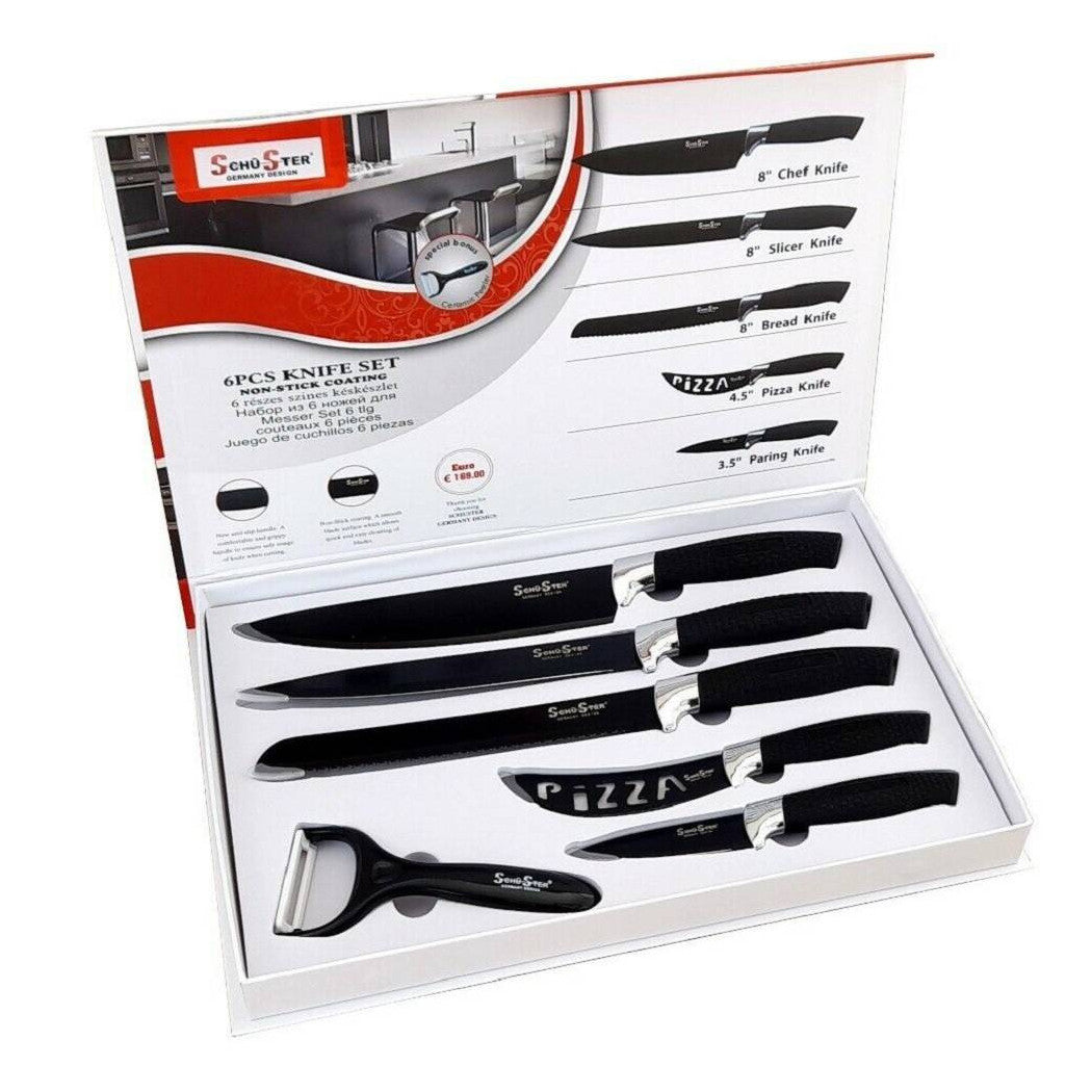 Conjunto de 5 cuchillos de acero en asa antideslizante de acero + pelador negro