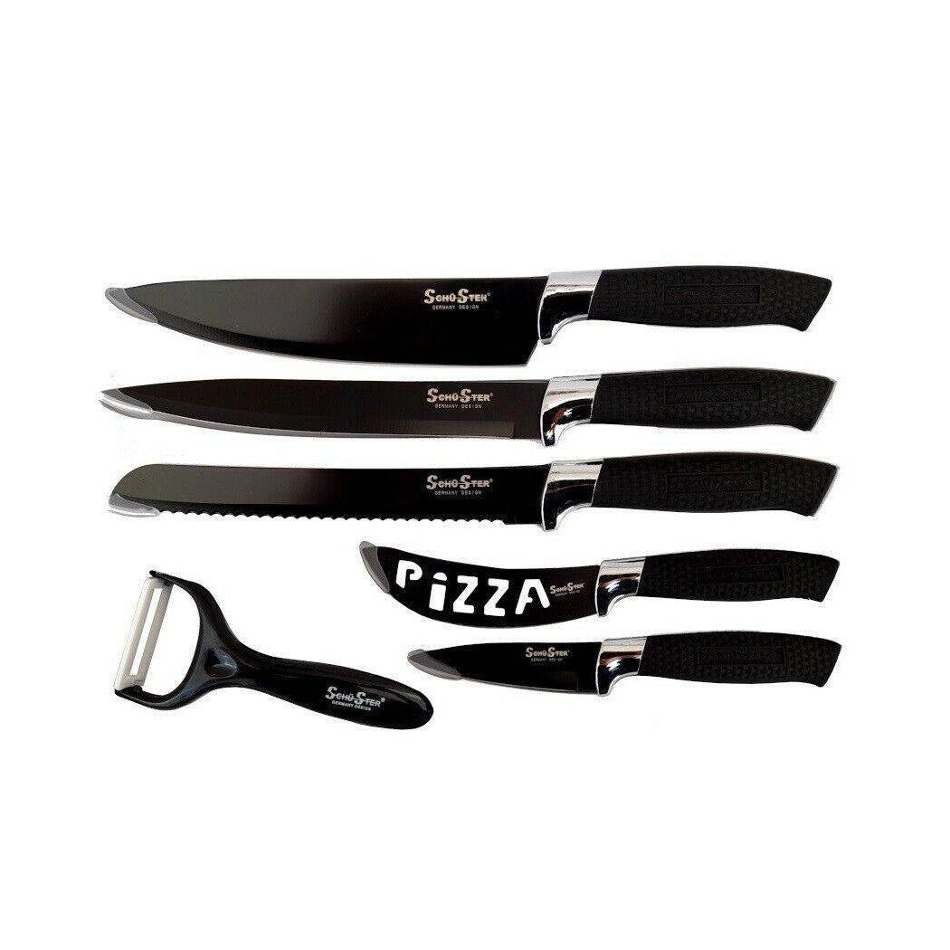 Conjunto de 5 cuchillos de acero en asa antideslizante de acero + pelador negro