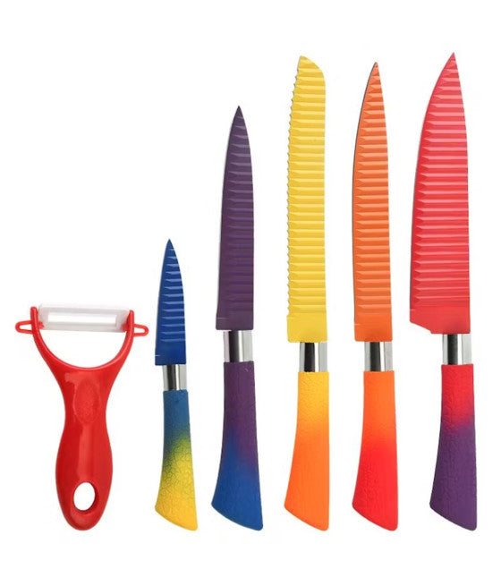 Conjunto de 5 cuchillos de acero en asa antideslizante de acero + pelador negro