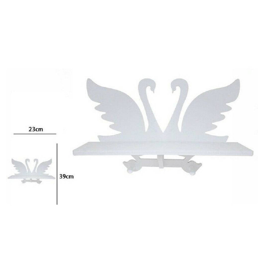 Decoración de pared de madera blanca con estante 2 perchas de cisne 23 x 39 cm
