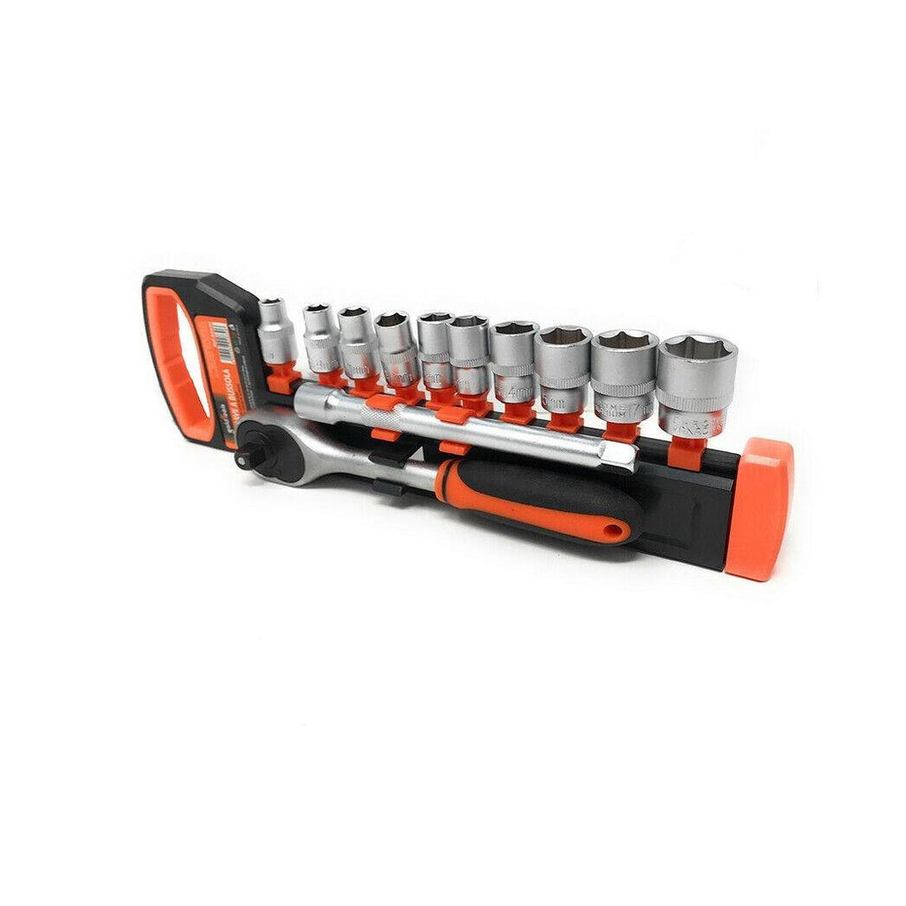 Establezca 10 compases de 8 a 19 mm con clave de trinquete reversible de 3/8 y extensión