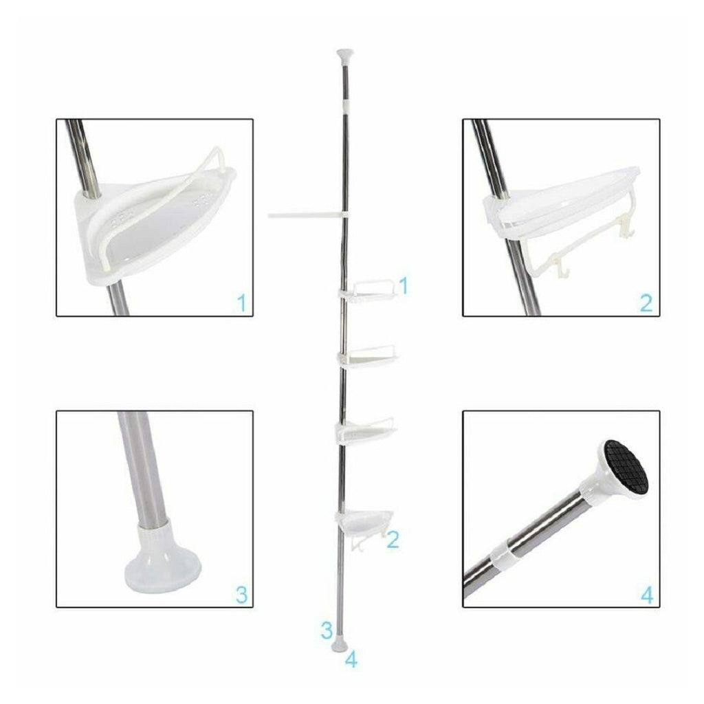 Estante angular para cables de ducha Baño telescópico 4 estantes con ganchos