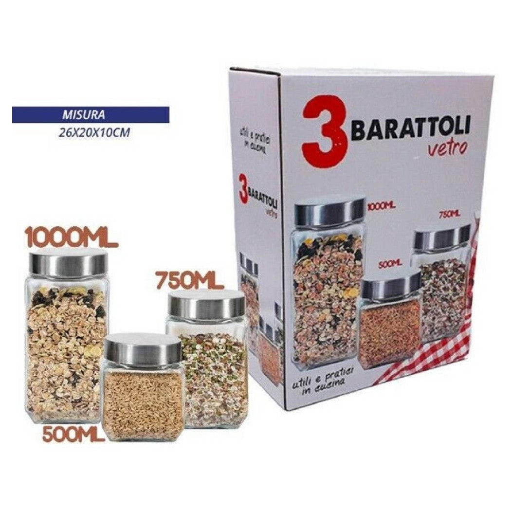 Set 3 latas de cristal Tris con cubierta de metal Pasta Bizcuit Contenedores