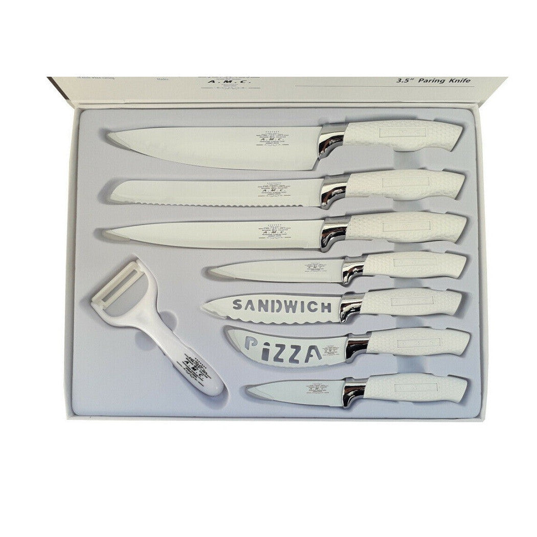 Set 7 Steel Kitchen Knives Non-slip Handle Multiple Peeled WHITE