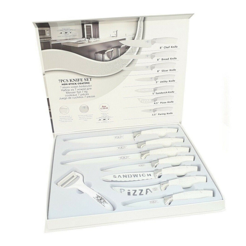 Set 7 Steel Kitchen Knives Non-slip Handle Multiple Peeled WHITE