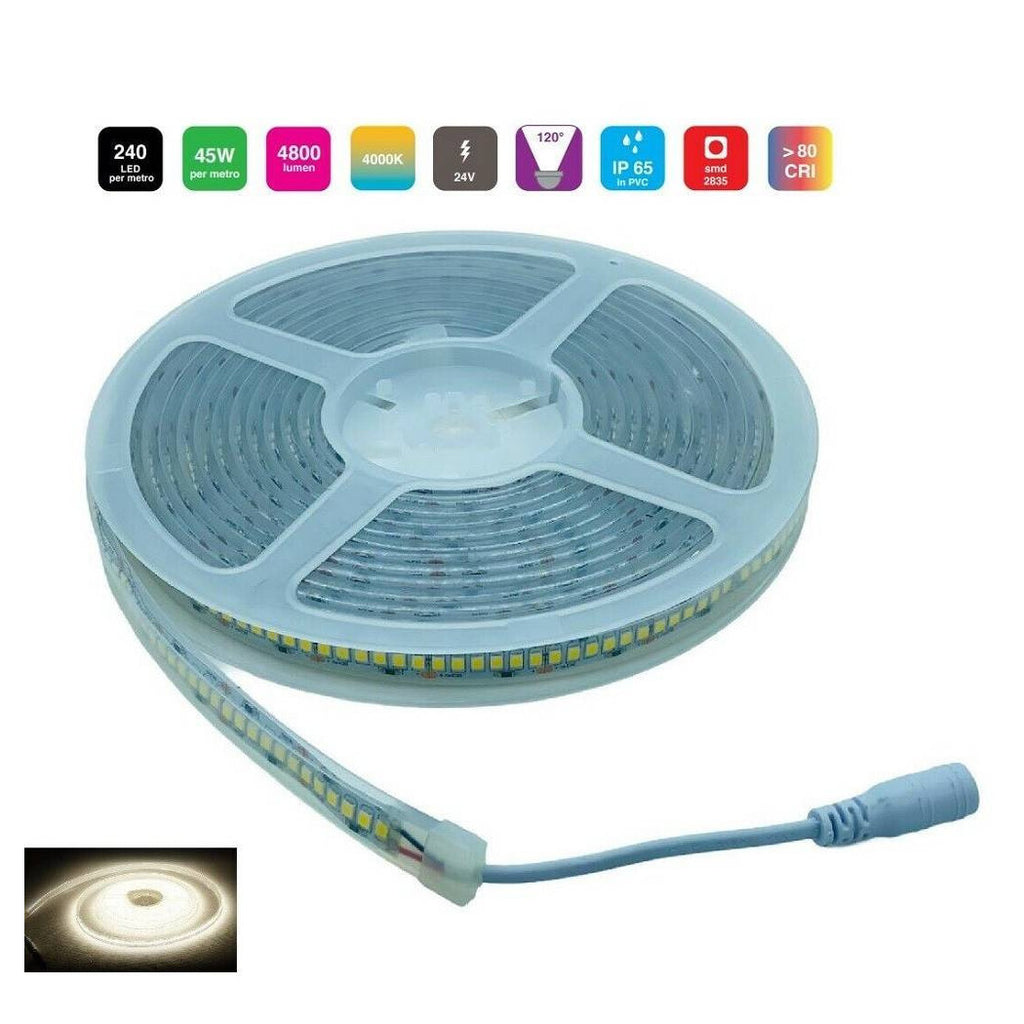 STRISCIA LED 24V IMPERMEAILE IP65 CON 1200 LED LUZ NATURAL 4000K DA 45 WATT