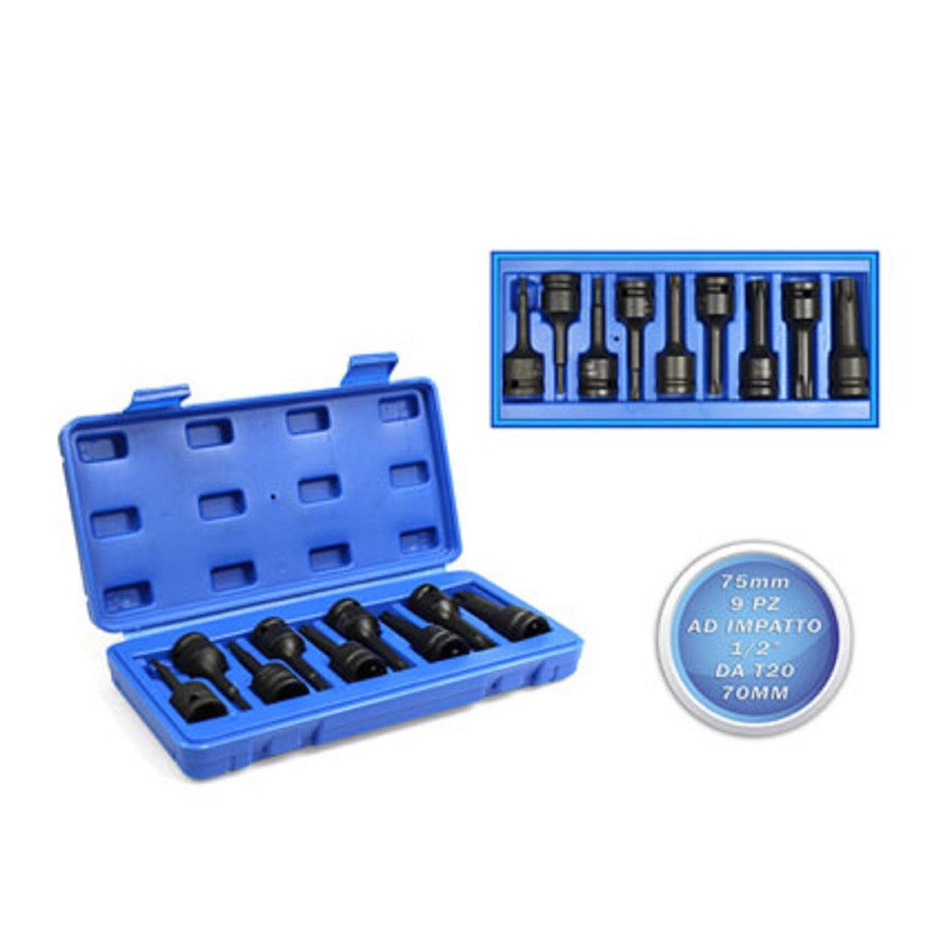 TORX TORX TORX COMPASSES ADJUNTO 1/2 "SET 9 PCS Mediciones de T20 a T70 TIPS 75 mm